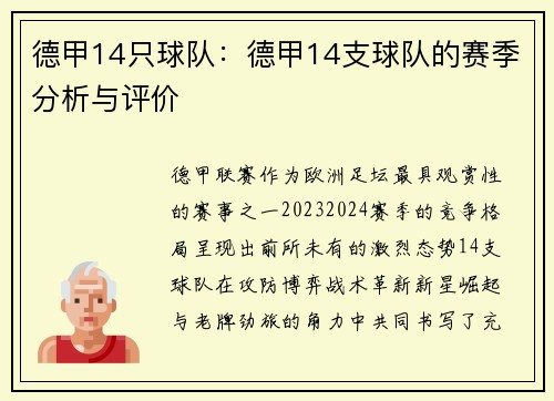 德甲14只球队：德甲14支球队的赛季分析与评价